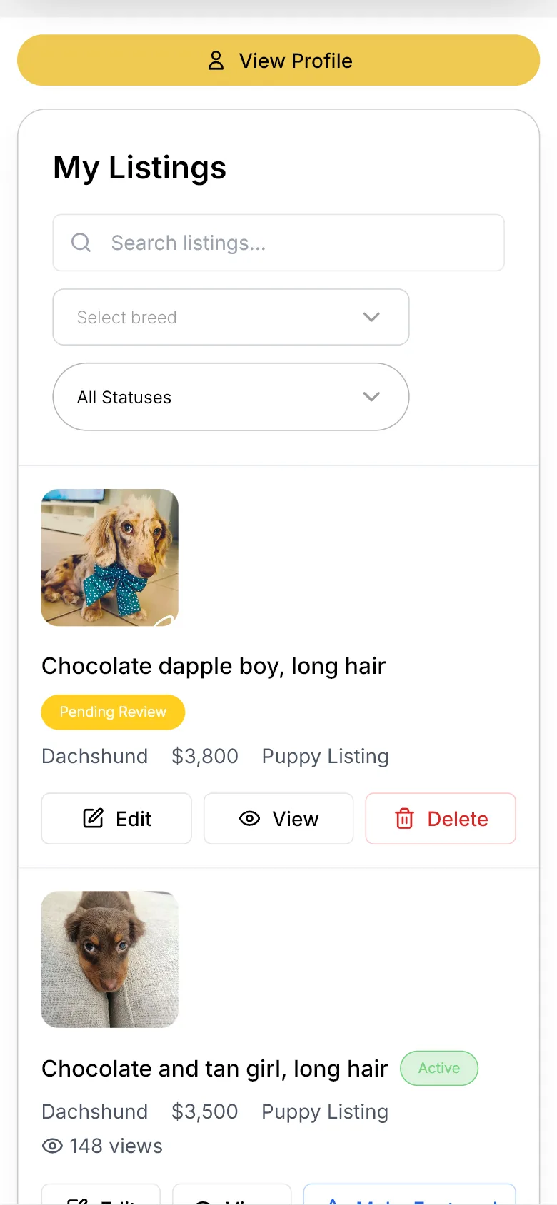 My Listings on a phone: one listing marked Pending Review above two marked Active